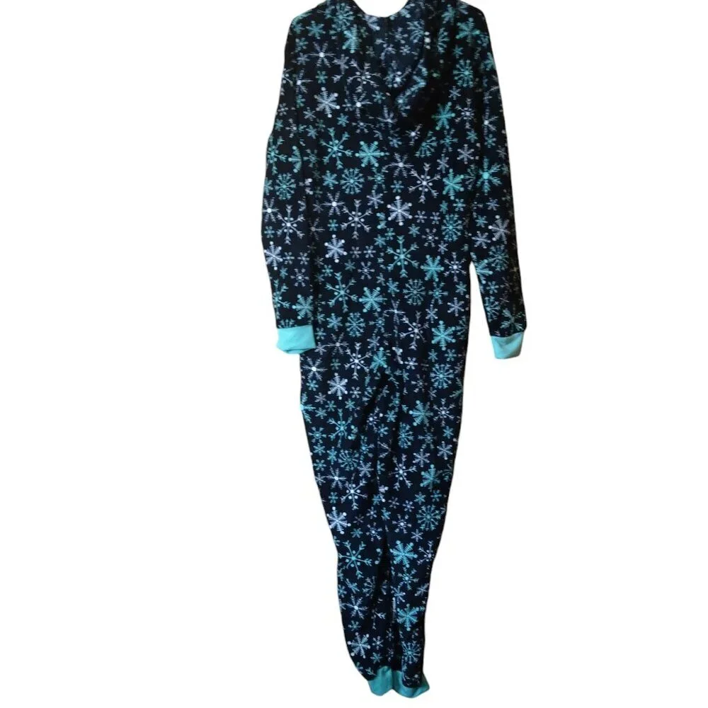 BODY CANDY WOMEN'S LARGE ONE PIECE HOODED PLUSH PAJAMAS SNOWFLAKES ZIP UP